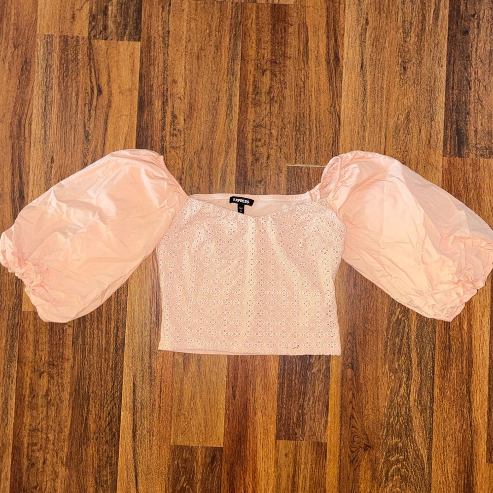 Express Peach Eyelet Puff Sleeve Crop Top Square Neck XS